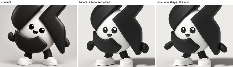 ONKA's arm three ways: the concept, a tube with a ball, and the final fin shape.