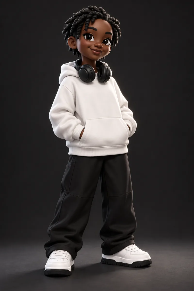 An animated-film-style young engineer in a white hoodie with headphones.