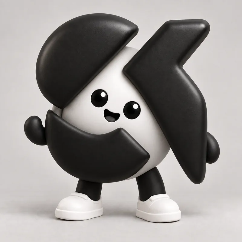 The character as a white egg held inside the three black pieces, his face on the egg.