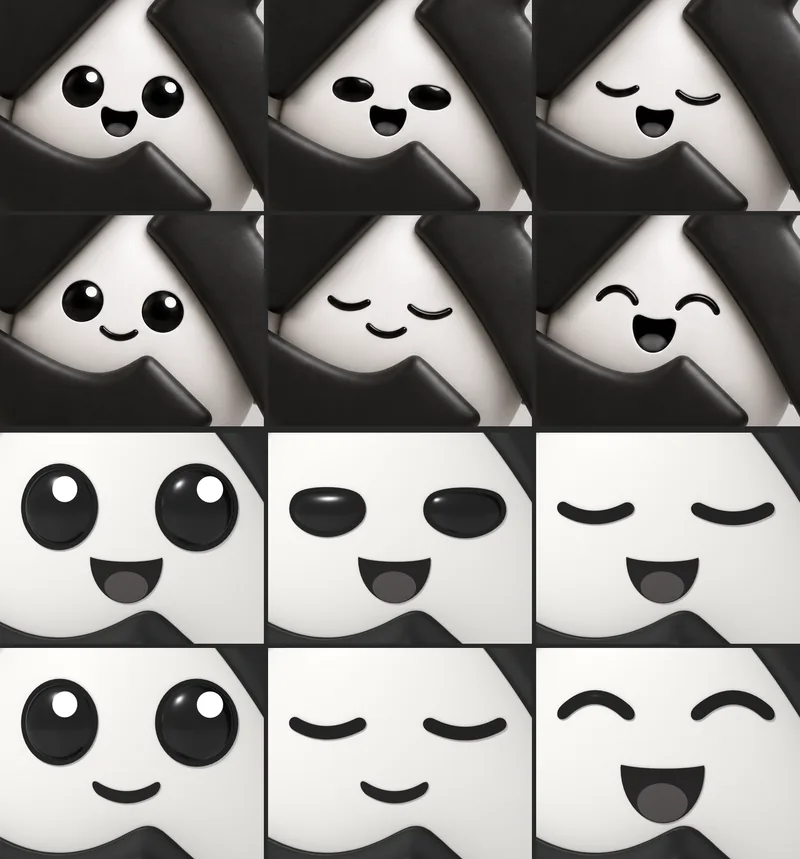 ONKA's face states, open, blinking, closed and laughing, as concepts above and as built below.