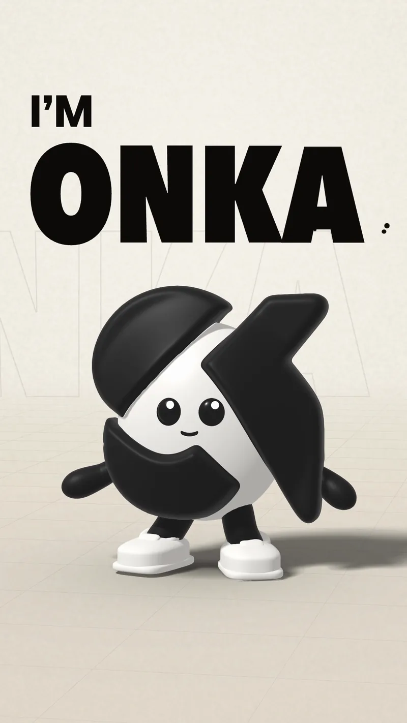 ONKA, a white egg held by the three black pieces of the ONKA logo, standing under the words I'm ONKA.