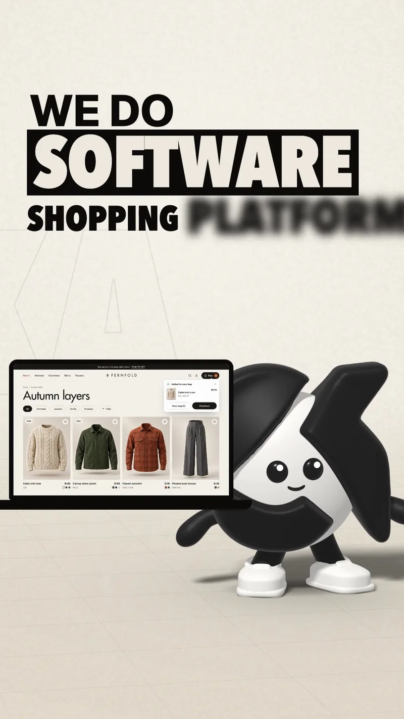 ONKA beside a laptop showing a clothing store's collection page, under the words We do software, Shopping platforms.