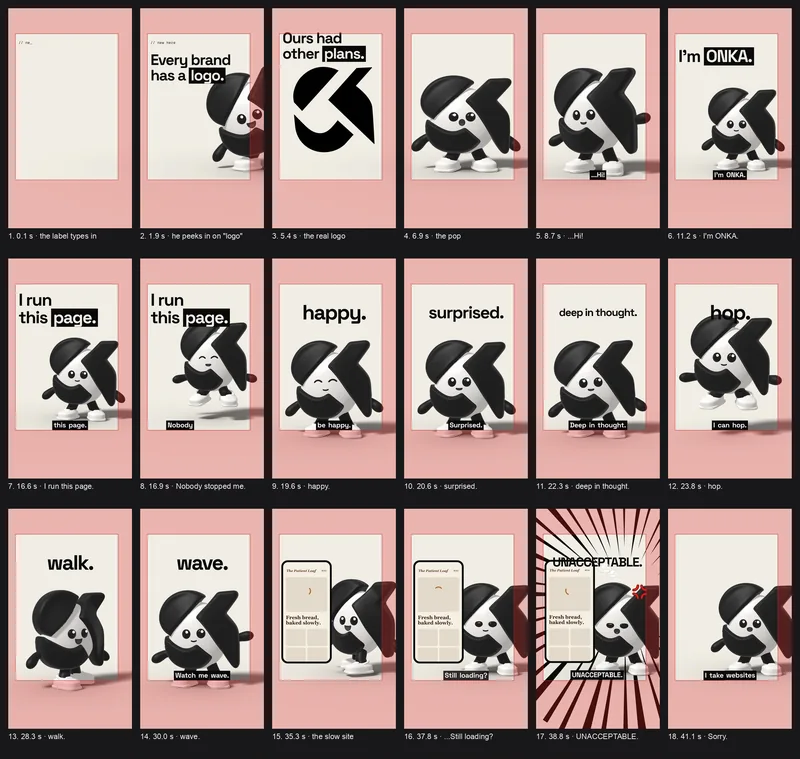 A grid of storyboard frames on pink cards, with big words and ONKA popping in and out.